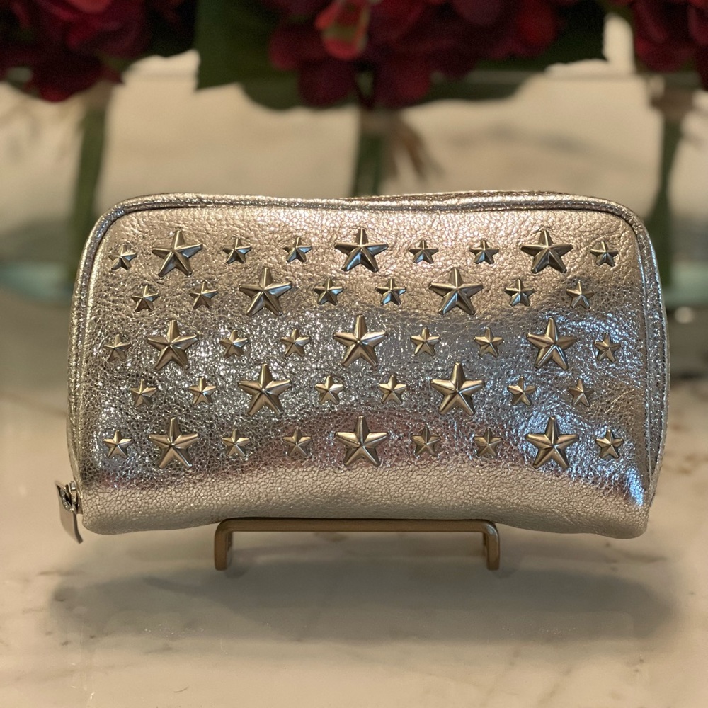 EUC Jimmy Choo Star Studded Clutch- silver metallic leather
